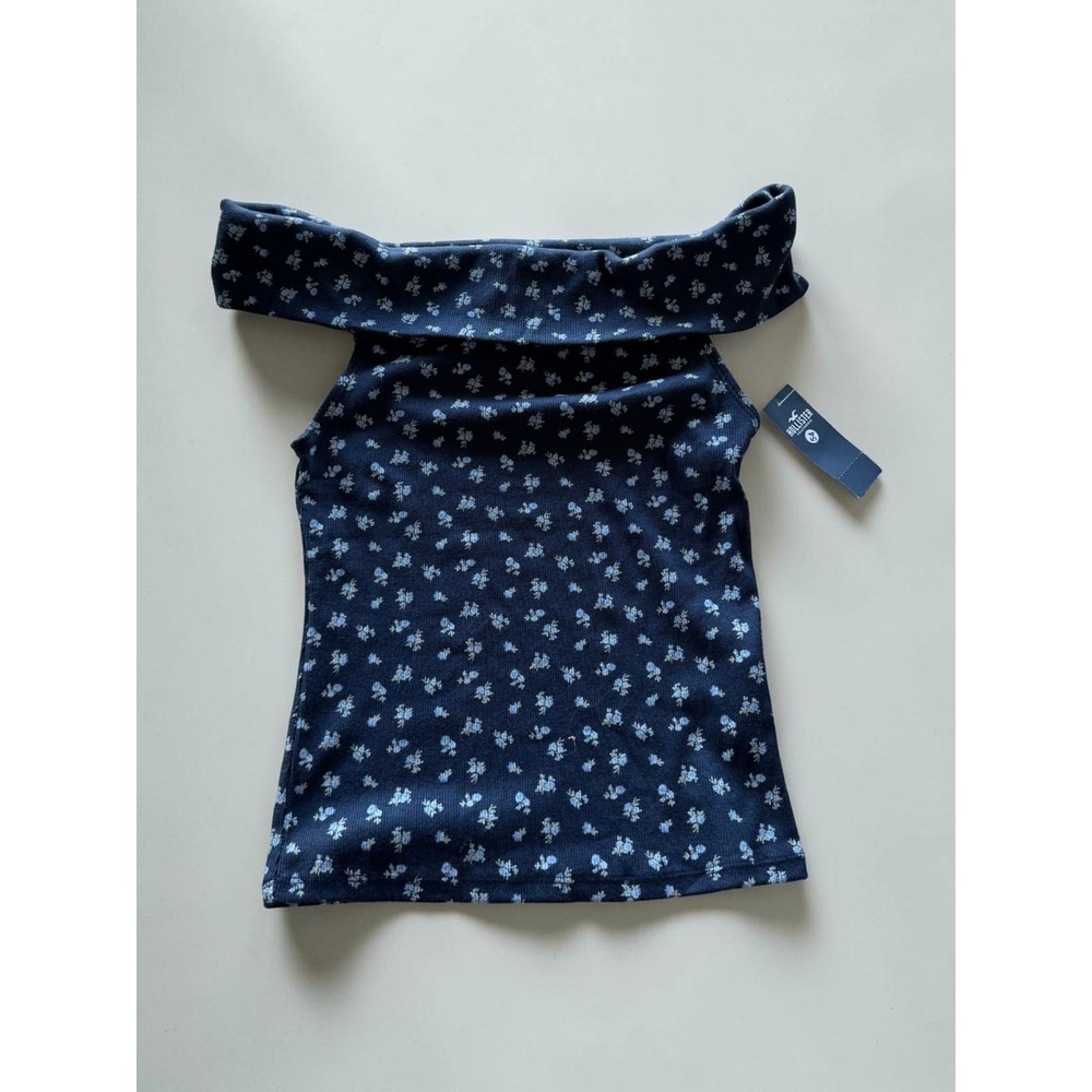 Hollister Womens Navy Blue Floral Off The Shoulder Ribbed Top NWT Size S